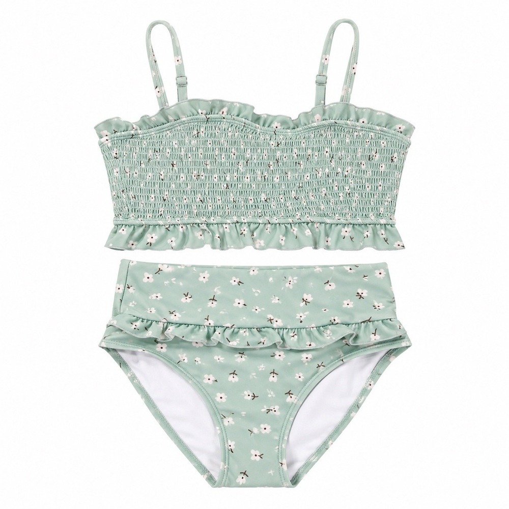 Sage / Mint Green Floral Smocked Bikini Swimsuit 2 Piece Ruffle Swim Set Small